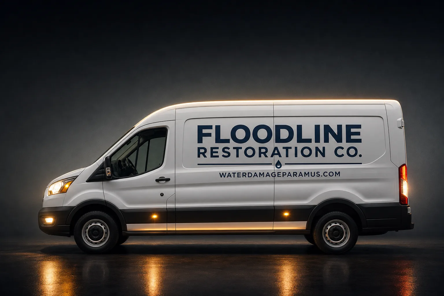 Floodline Restoration Co. damage restoration service vehicle and crew in Paramus, NJ